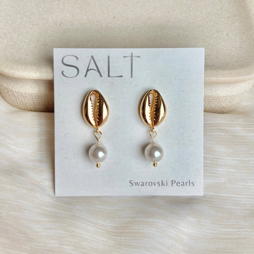 COWRIE SHELL PEARL EARRINGS | Swarovski Pearls | 18k Gold