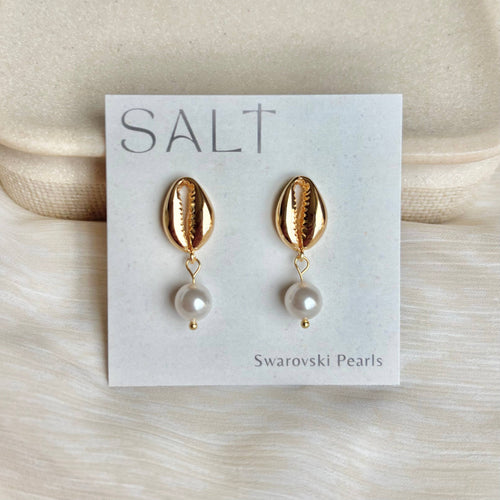 COWRIE SHELL PEARL EARRINGS | Swarovski Pearls | 18k Gold