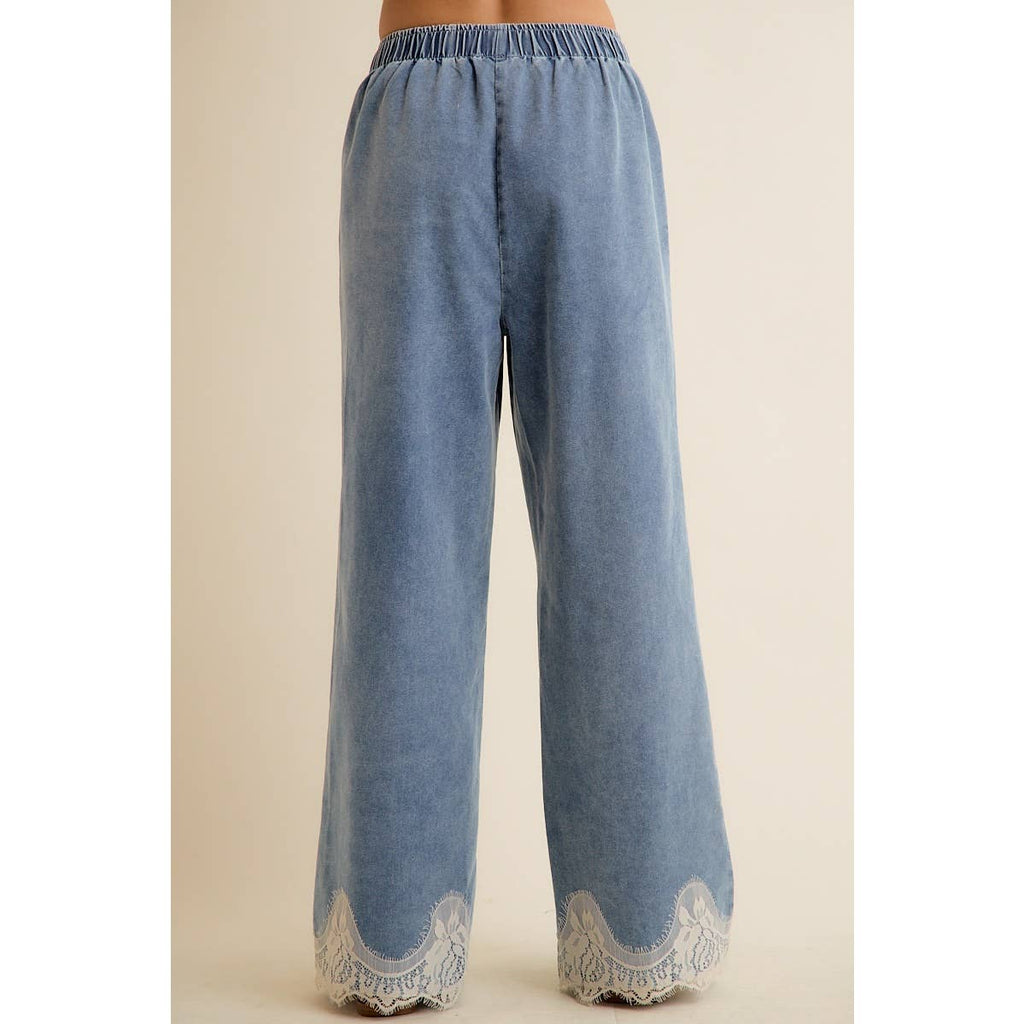 LACE TRIM WIDE LEG ELASTIC MID RISE DENIM PANTS