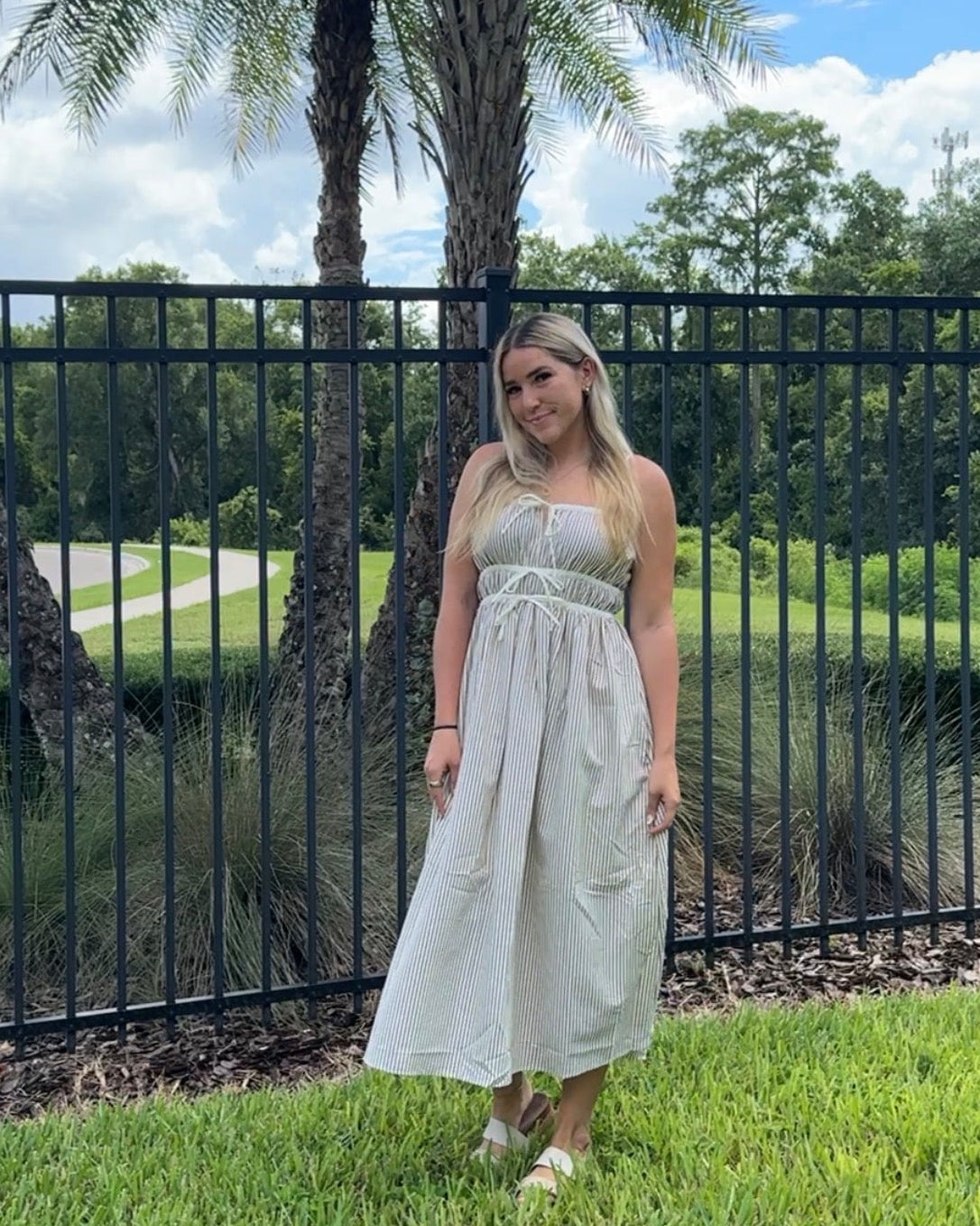 STRIPED MIDI SUNDRESS | Brown