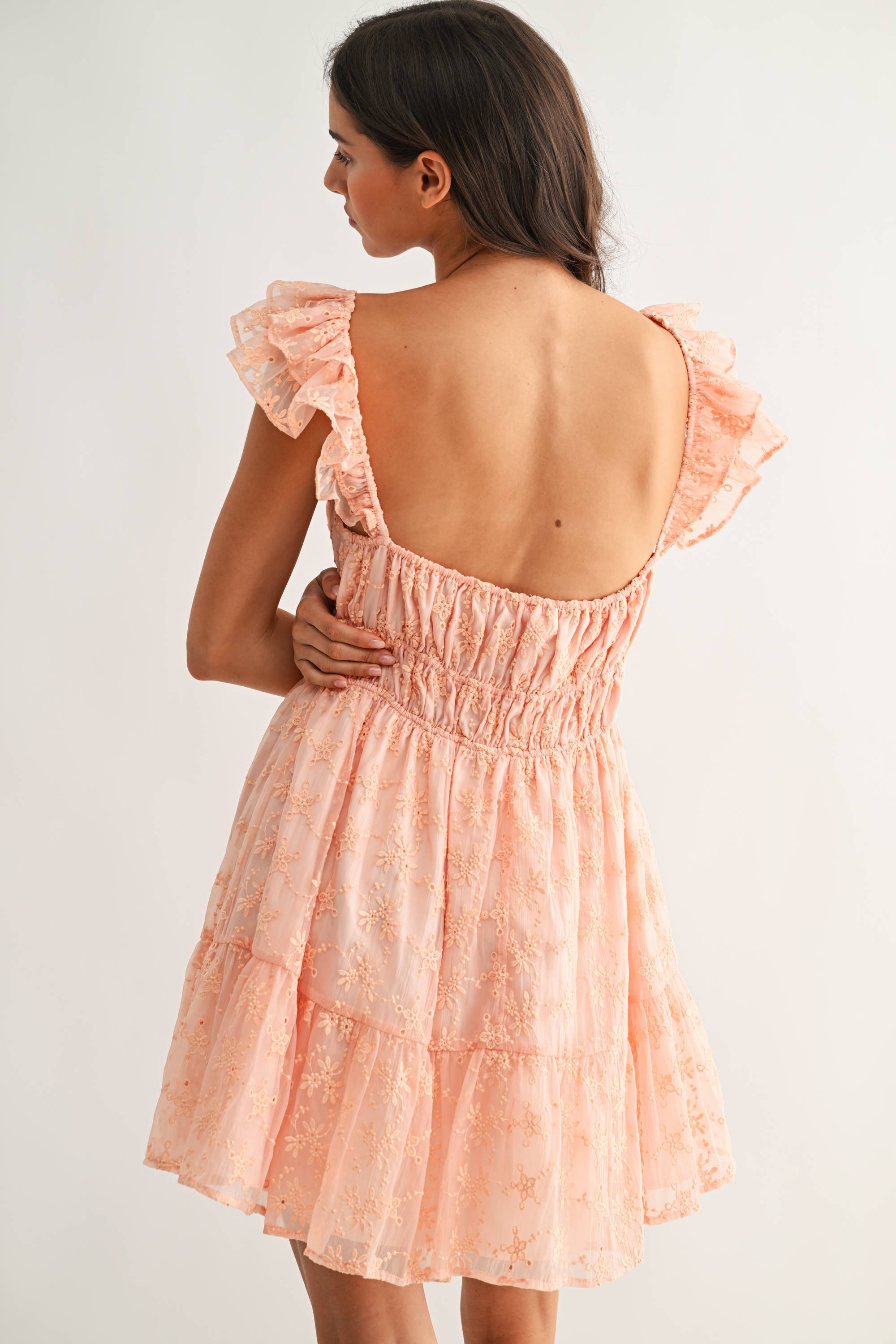 CHIFFON FLUTTER EMBROIDERED MINI DRESS