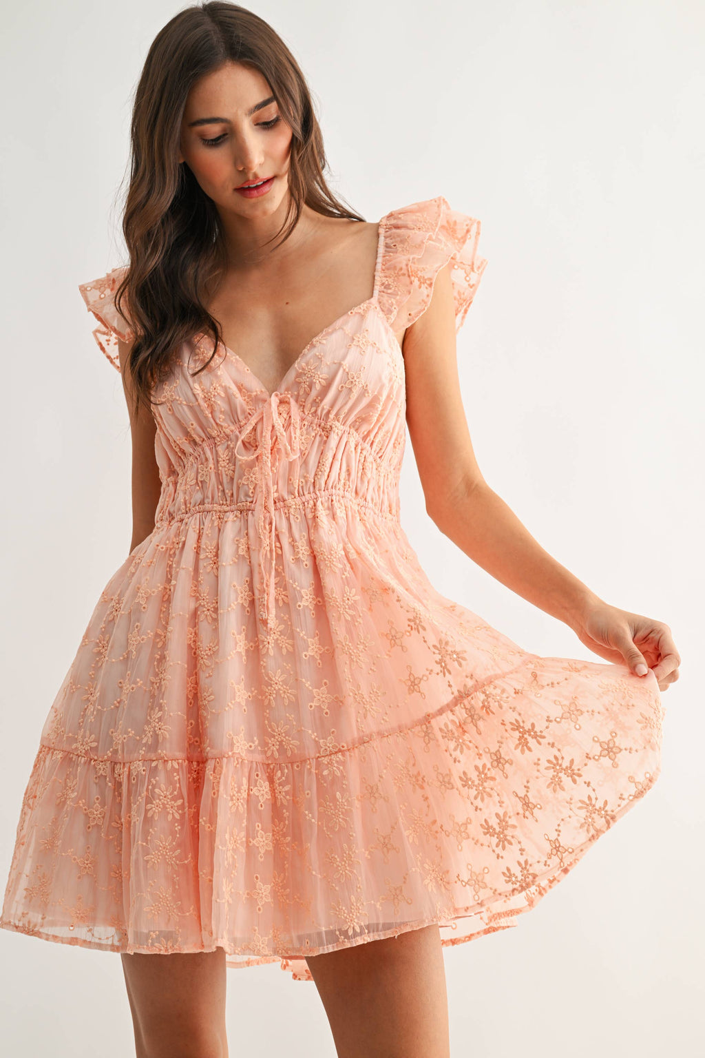 CHIFFON FLUTTER EMBROIDERED MINI DRESS