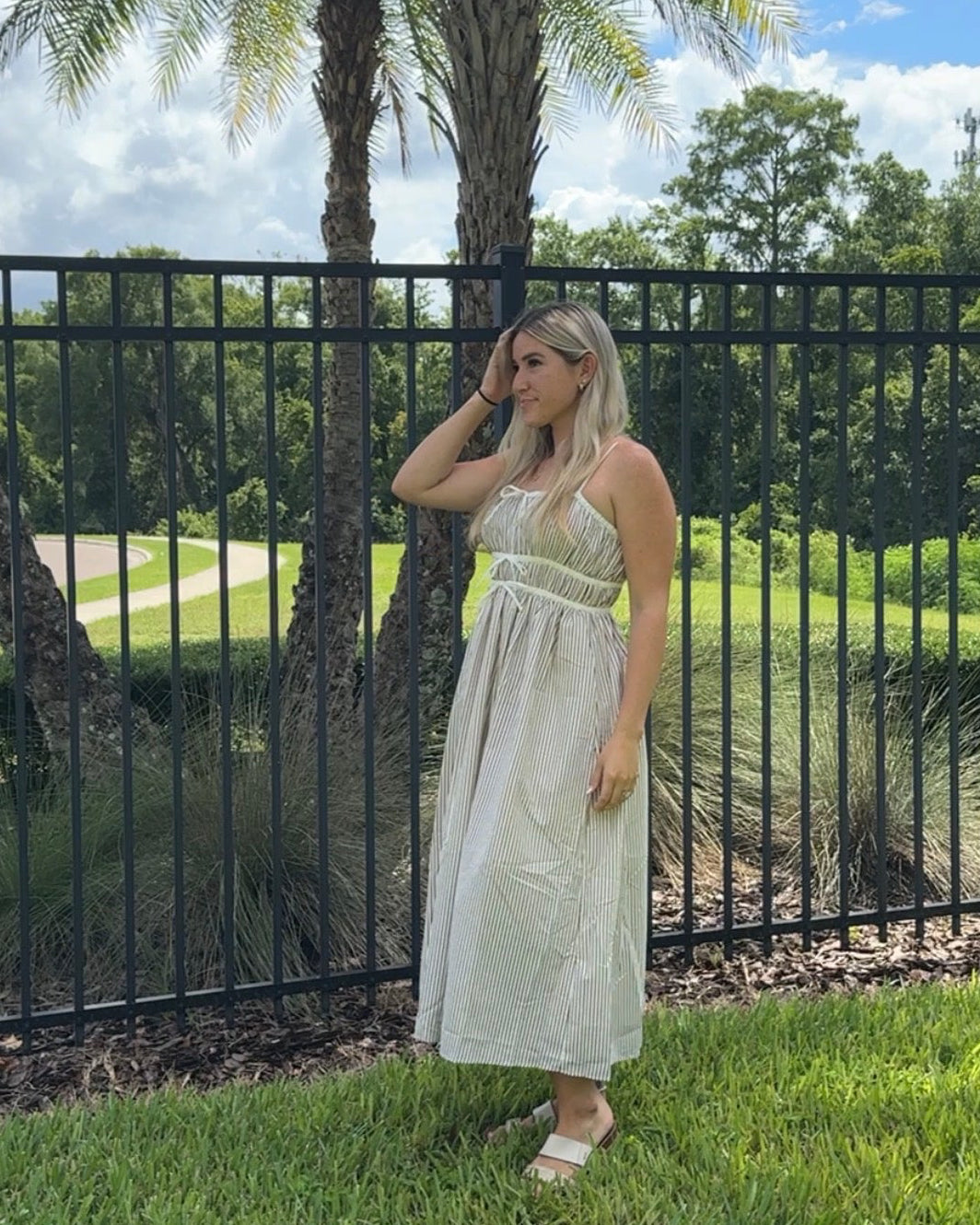 STRIPED MIDI SUNDRESS | Brown