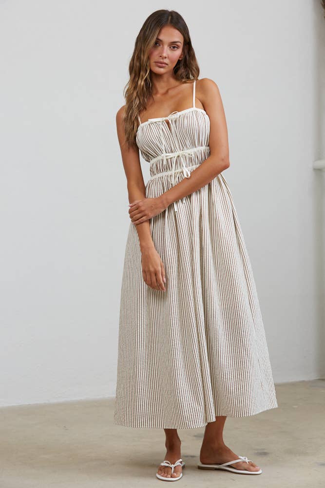 STRIPED MIDI SUNDRESS | Brown