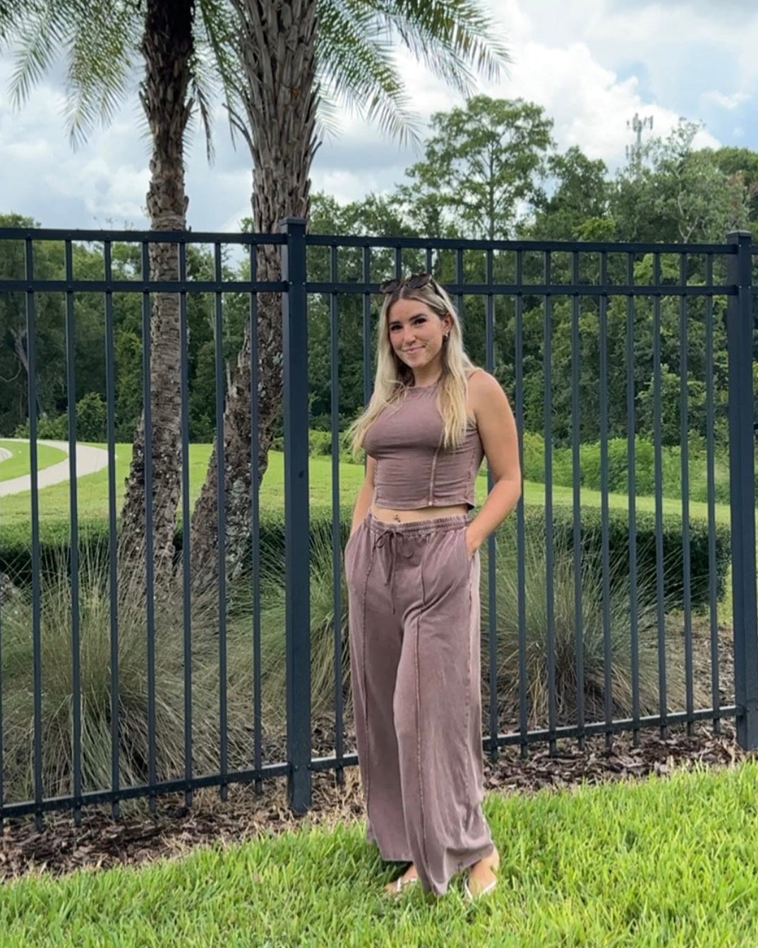 MINERAL WASHED SLEEVELESS TOP & WIDE LEG PANTS SET