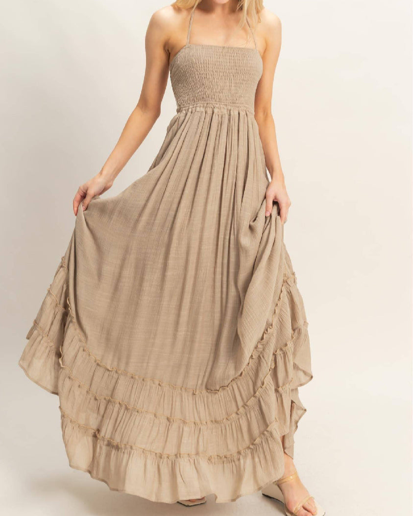 SMOCKED HALTER MAXI DRESS | Taupe
