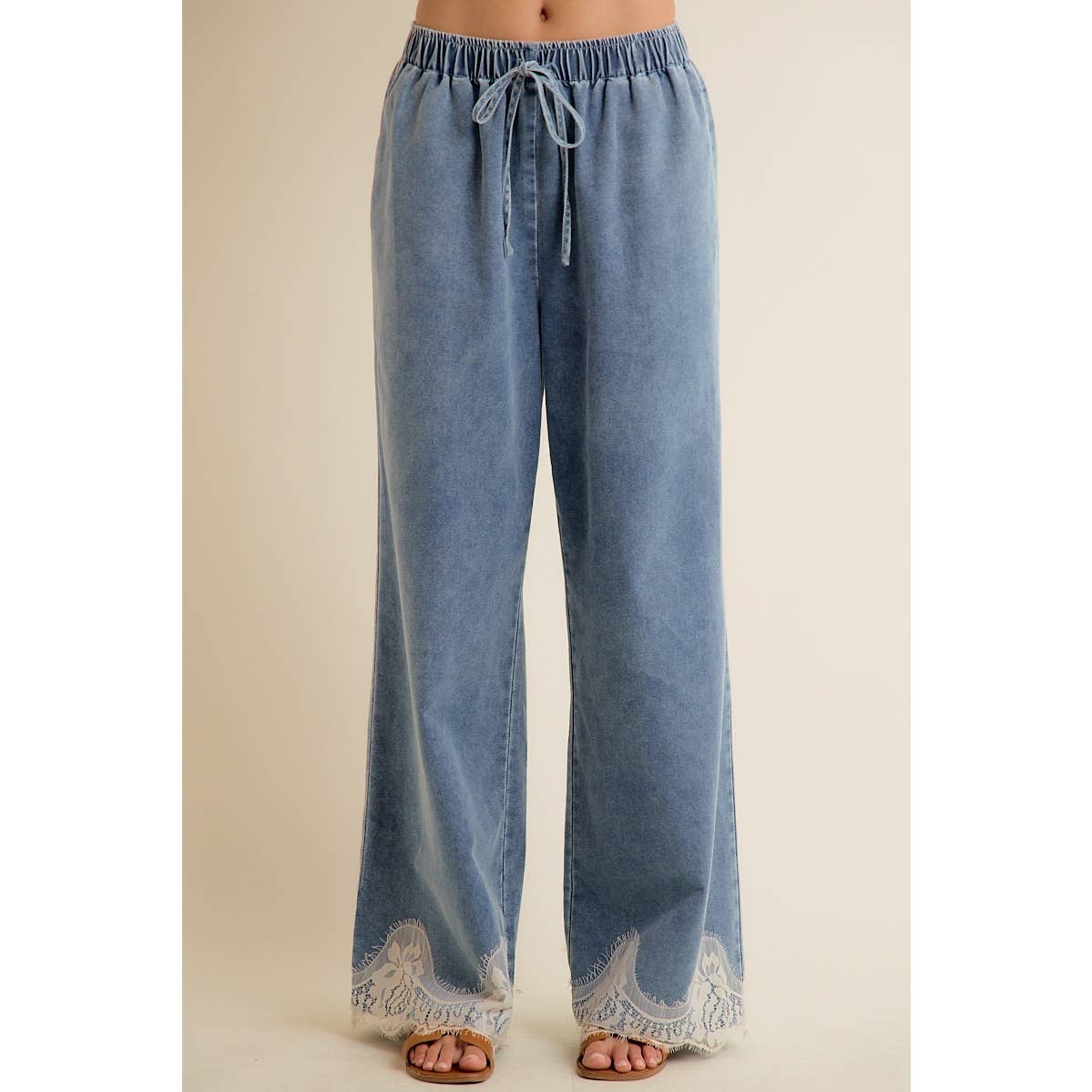 LACE TRIM WIDE LEG ELASTIC MID RISE DENIM PANTS