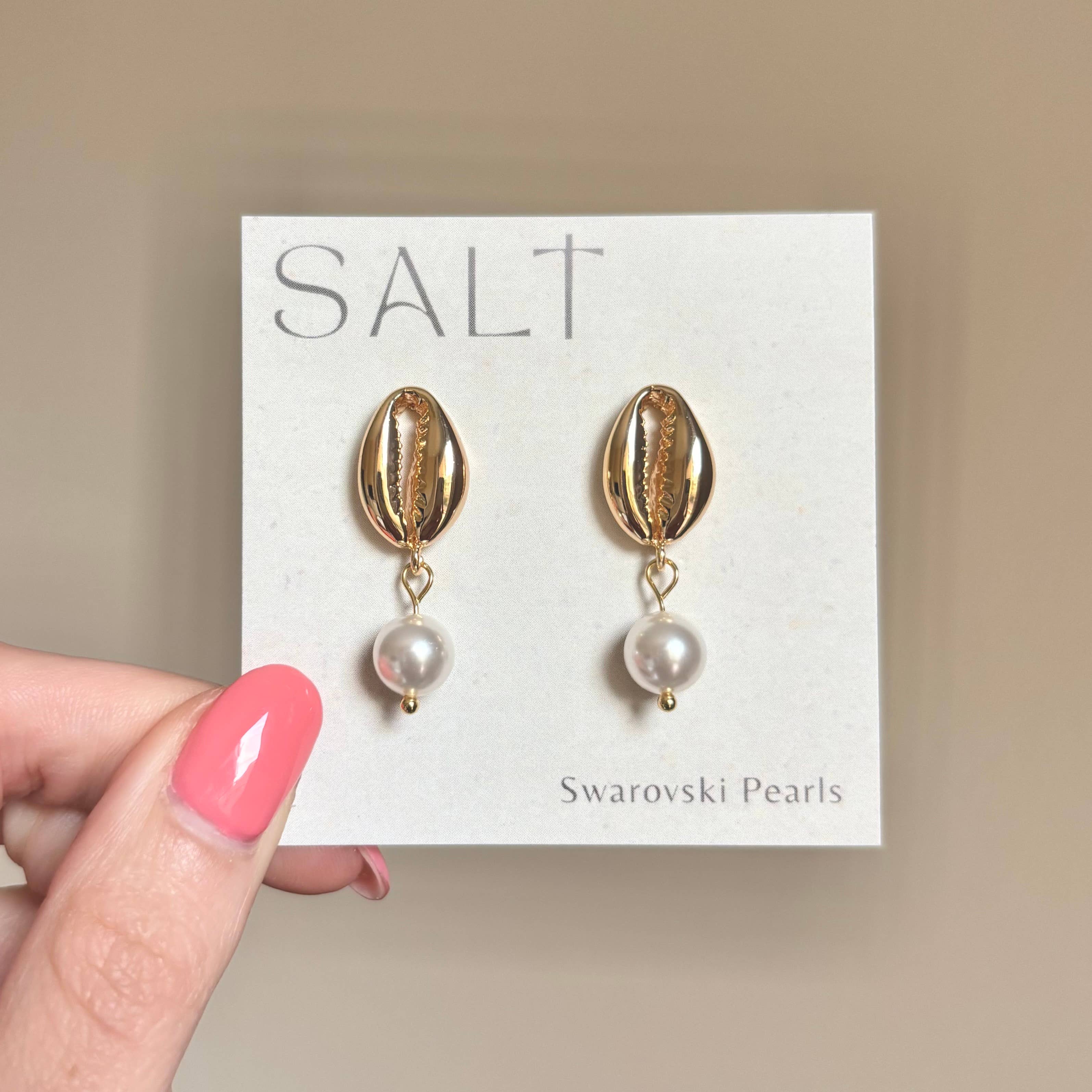 COWRIE SHELL PEARL EARRINGS | Swarovski Pearls | 18k Gold